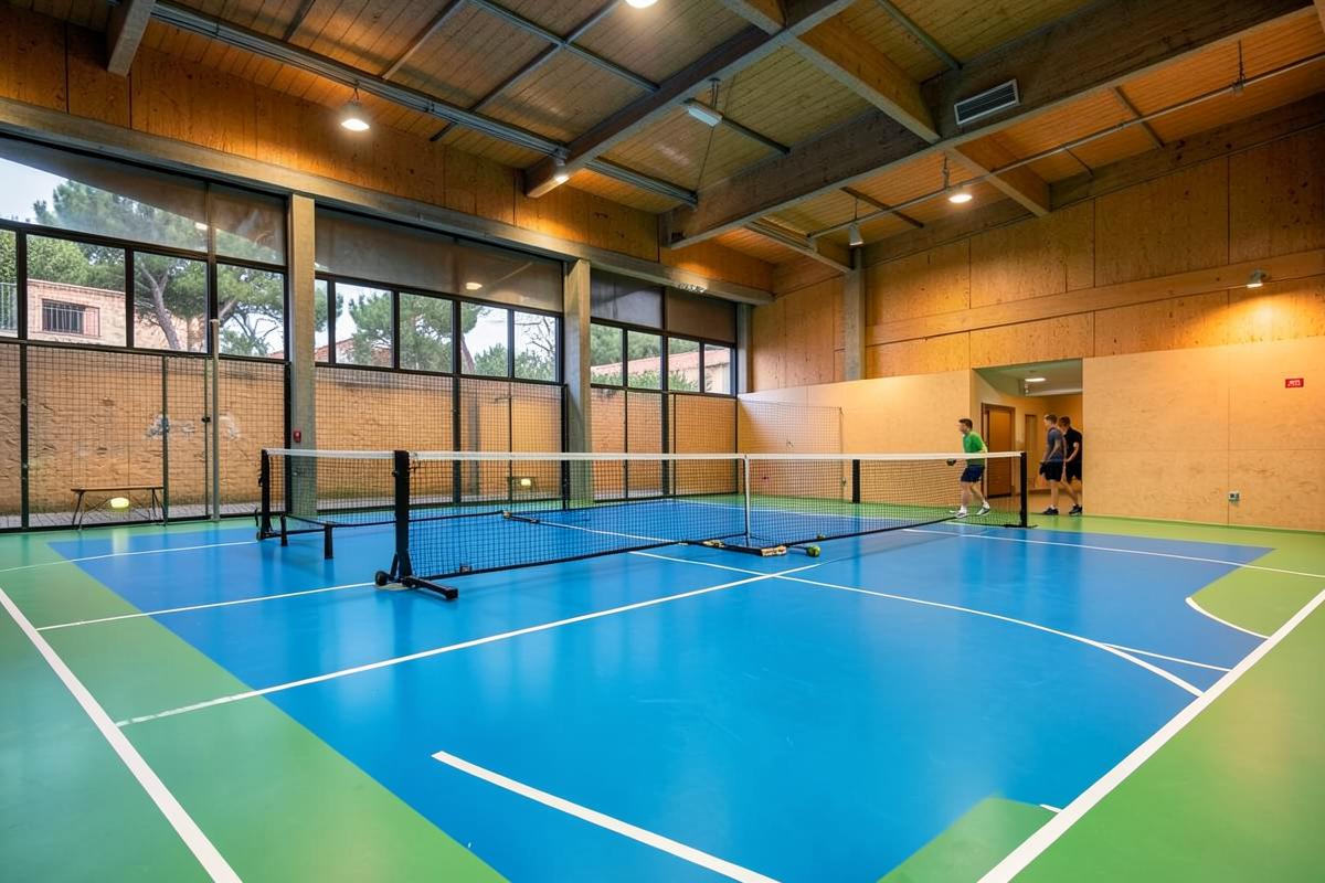 Pista cubierta de pickleball preparada para jugar