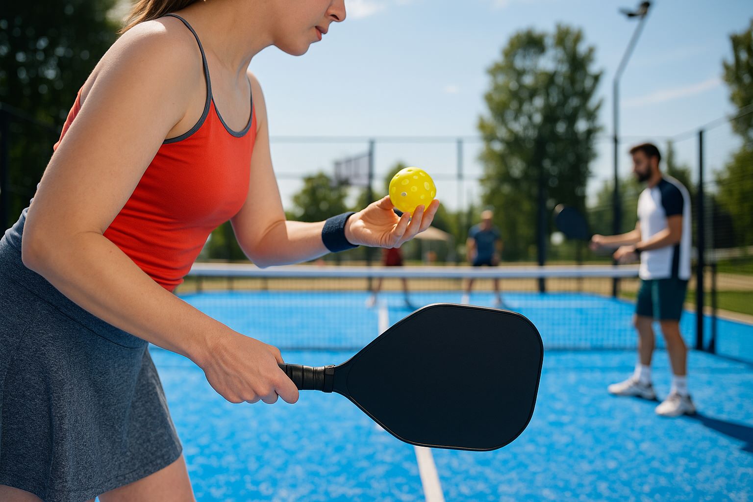 Jugadora preparada para sacar en una pista de pickleball