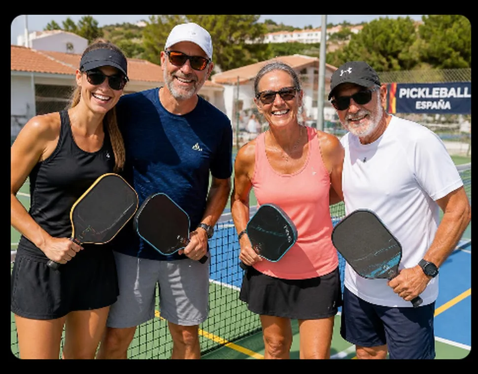 Cuatro personas con palas junto a una pista de pickleball