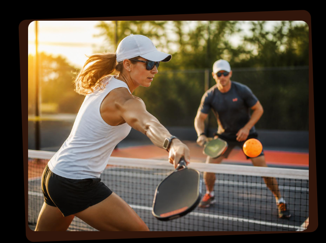 Dos personas jugando un partido de pickleball al aire libre