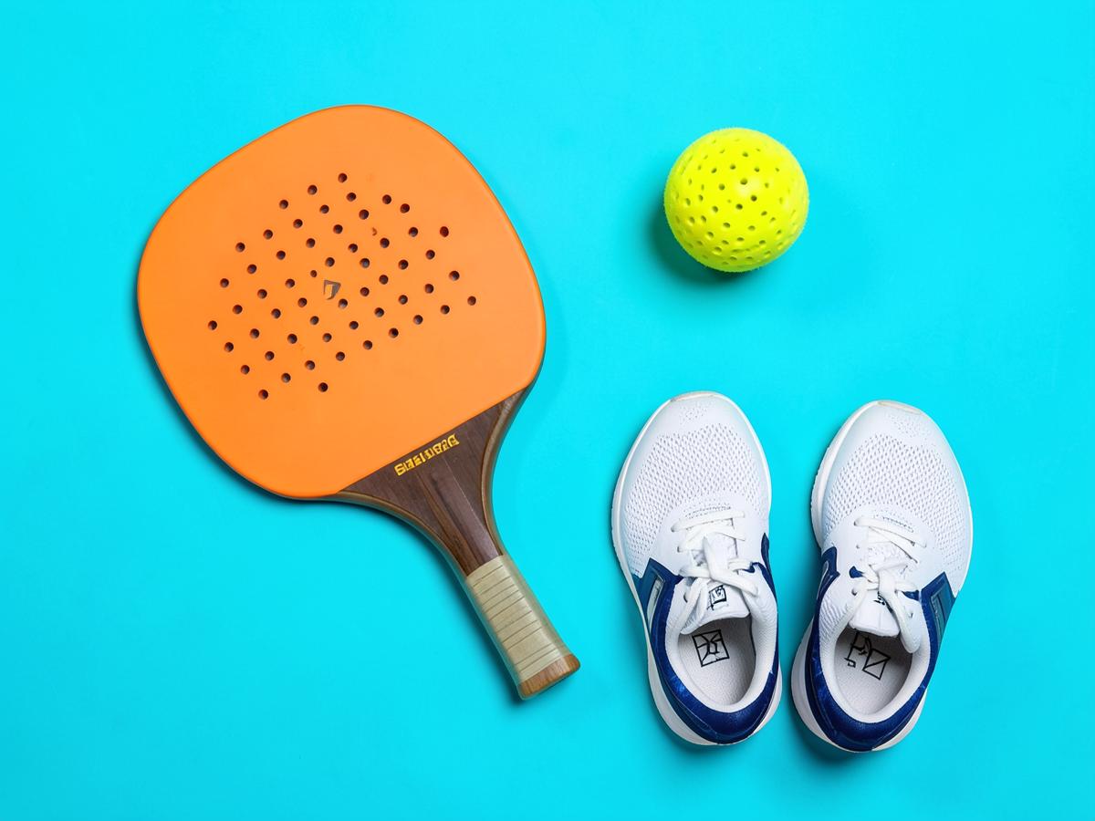 Pala, pelota y zapatillas de pickleball sobre fondo azul