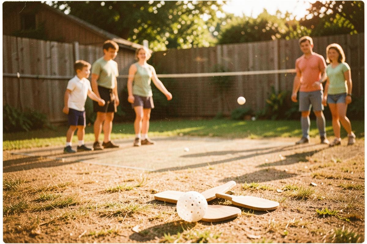 Patio familiar con palas de madera y pelota perforada, origen del pickleball