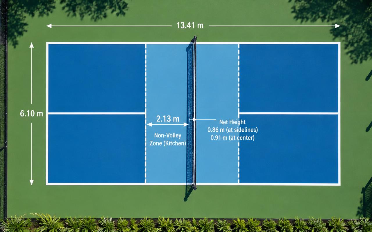 Esquema de una pista de pickleball con sus medidas reglamentarias